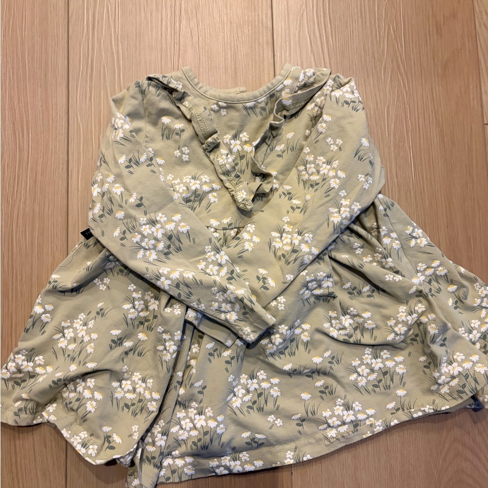 Olive Green Floral Ruffle Long Sleeve Dress